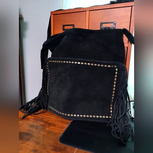 Steve Madden Black Suede Leather With Fringe Crossbody - Picture 2 of 12